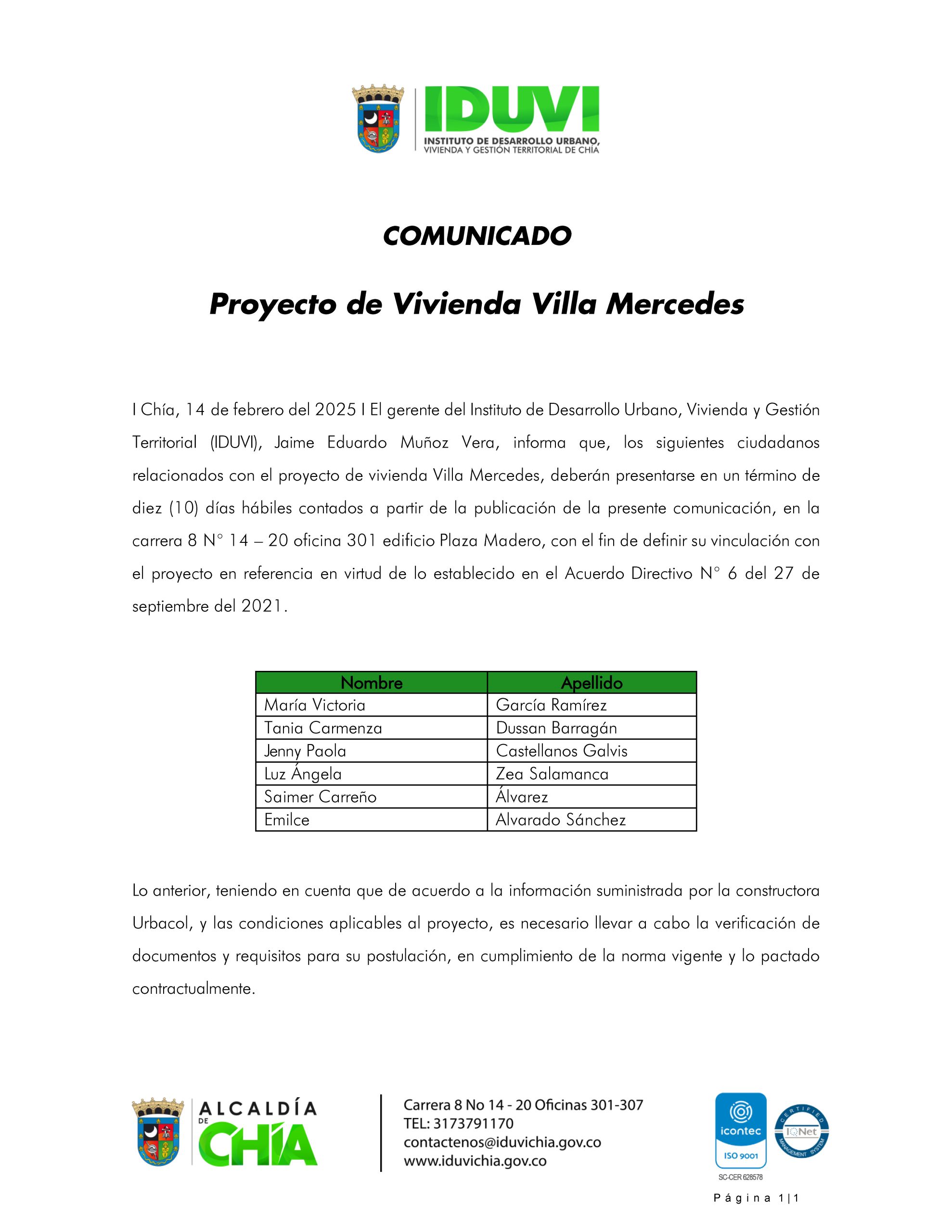 Comunicado Oficial Proyecto de Vivienda Villa Mercedes 2025