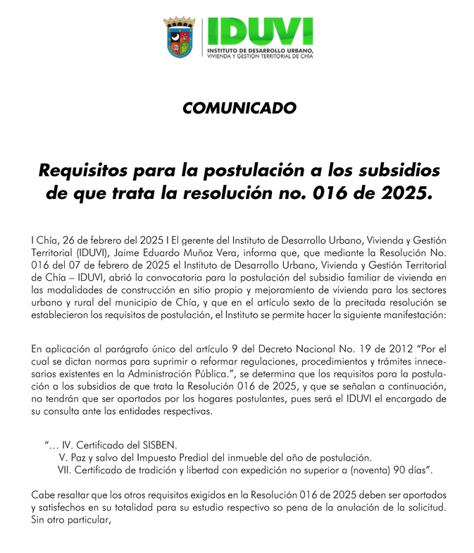 Comunicado Requisitos para la postulación a los subsidios de que trata la resolución no. 016 de 2025